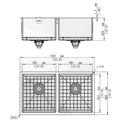 33" x 19" Kitchen Sink-Double Bowls - Golzar Home