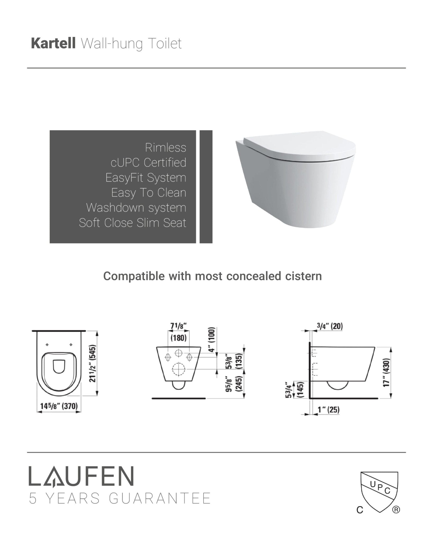 Laufen Kartell Wall Hung Toilet Complete Set White - Golzar Home